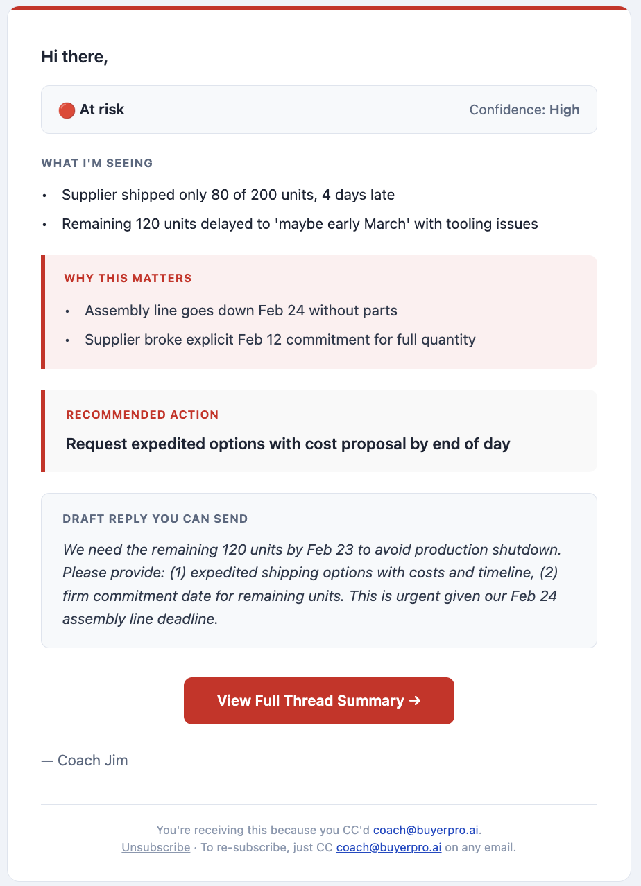 Coach Jim coaching email with risk alert and draft reply